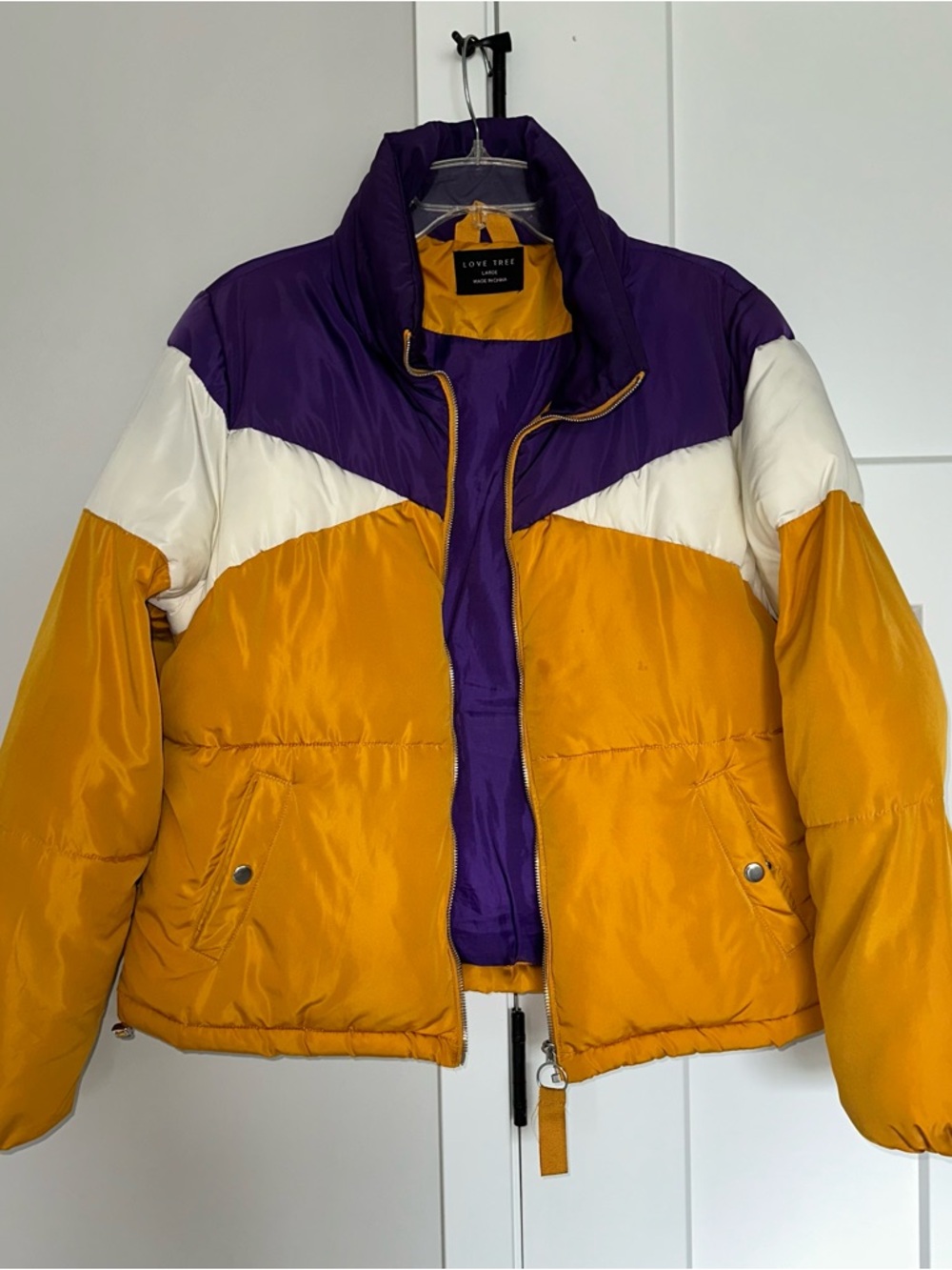 Love Tree Colorblock Puffer Jacket - Purple, Mustard & Cream size L